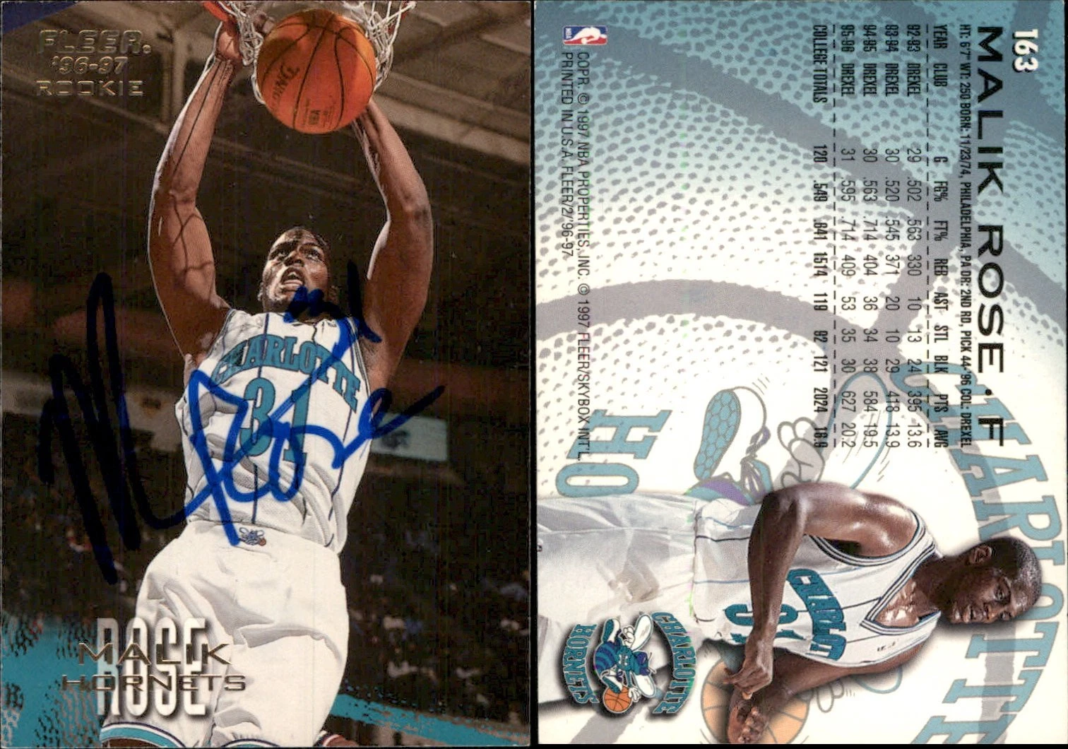 Malik Rose Signed 1996-97 Fleer #163 Card Charlotte Hornets Auto AU