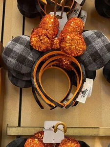 Disney Parks Orange Bow Sequin Halloween Plaid Minnie Mouse Ears Headband - Picture 1 of 9