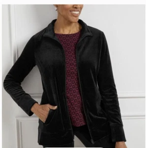 Talbots Jacket Womens Size XS Black Velour Full Zip Pockets Long Sleeves NWT - Picture 1 of 10