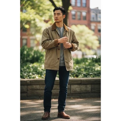 J. Crew Mens Barn Coat Jacket  Tan Corduroy Collar Plaid Lined Classic Preppy - Image 1 of 4