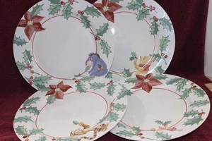 4 Disney Winnie The Pooh Christmas Poinsettia & Holly 11" Dinner Plates - Picture 1 of 5