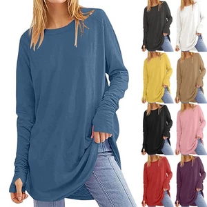 UK Women's Thumb Holes Baggy Long Sleeves Loose Tops Shirts Blouse Tee Plus Size - Picture 1 of 21
