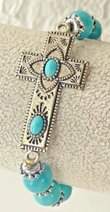 Kreuz Armband Stretch Türkis Silber dehnbar Perlenarmband Metall Charm - Bild 1 von 6