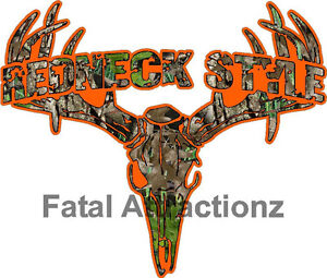 Camo Orange Redneck Style  Deer Skull S4 Vinyl Sticker Decal buck hunting