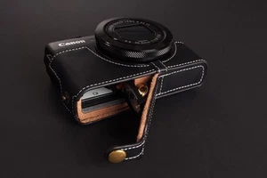 Genuine real Leather Half Camera Case bag Cover for Canon G7X Bottom Open black - Picture 1 of 8