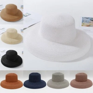 Solid Plain Elegant Wide Brim Hat Round Top Panama Floppy Straw Beach Casual Hat - Imagen 1 de 17