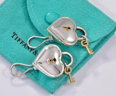Vintage Tiffany & Co 18k Yellow Gold Silver Heart Lock Key Earrings Clip on Rare - Image 1 of 4