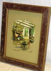 Paul Porter Framed Print Colonial Cabin "Home By The Hearth" 9.5"x7" Rustic Vtg - Picture 1 of 8