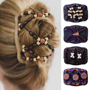 Women Hair Comb Stretchy Double Slide Hairpin Wood Beads Vintage Hair Clips