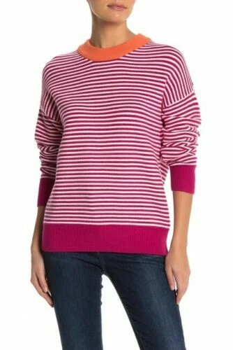 Elodie Pullover Sweater Size L Crew Neck Striped Fuschia Orange Ne B96