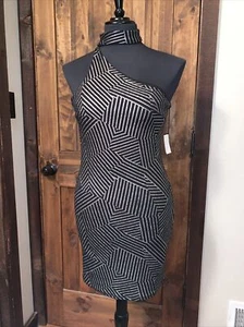New Charlotte Russe Party Dress One Shoulder Cut Out Black Silver Medium Shiny - Picture 1 of 12