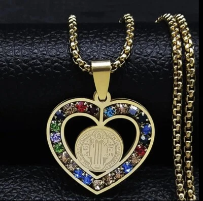 Luxus Halskette mit Herz Anhänger Edelstahl Jesus Gold Zirkonia bunt NEU! - Bild 1 von 4