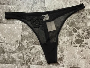 NWT EXPRESS SMALL BLACK SHEER MESH EMBROIDERED FLOWER RARE VINTAGE THONG PANTIES - Picture 1 of 3