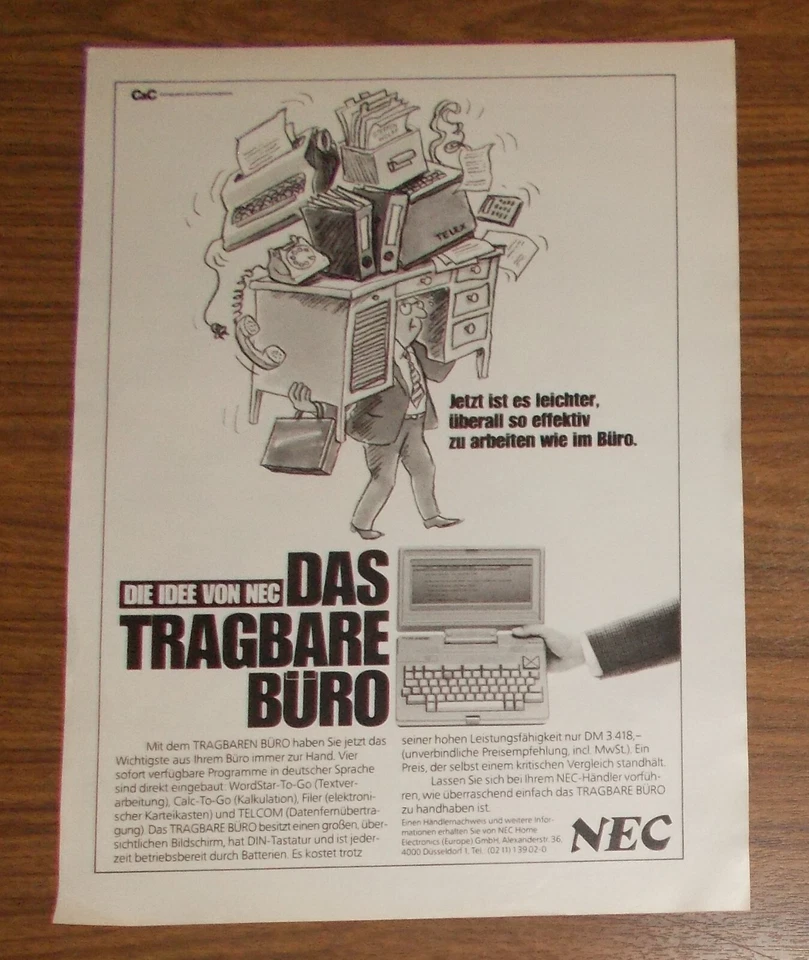 Seltene Werbung NEC PC-8401BD Portable Computer - Das tragbare Büro 1985 - Image 1 of 1