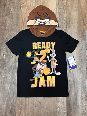 Space Jam Boys Hooded T Shirt Size 8 Printed Tune Squad Basketball Short Sleeve - Image 1 of 4