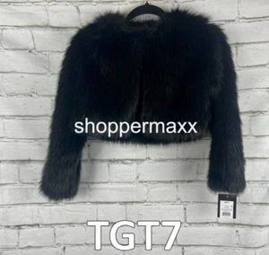 Girls Faux Fur Cropped Jacket-Full lining, Midweight, Open front style, Black, S - Picture 1 of 6