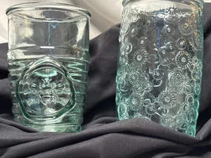 Vintage Aqua Pressed Glass Tumblers – Bee & Floral Pattern, 5½″ Tall, Set of 2 - Picture 1 of 7