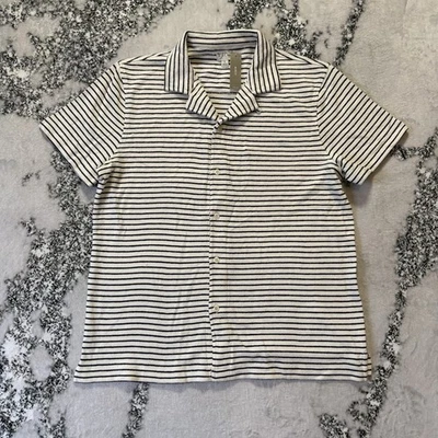 J Crew Sweater Shirt Mens Size L Black White Striped Camp Collar 100% Cotton - Image 1 of 4