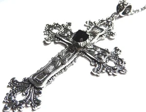 Große Gothic Kreuz Halskette silberfarben Anhänger mit Glas Silber & schwarz - Bild 1 von 3