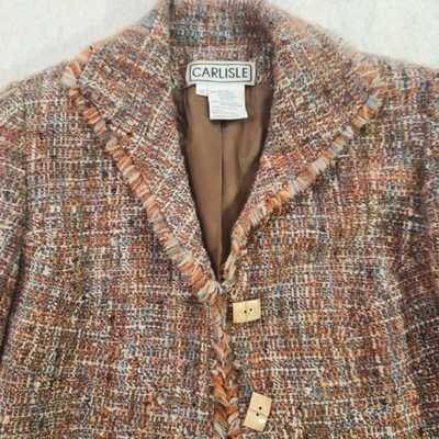 复古 CARLISLE 羊毛粗花呢条纹西装外套女式 10 夹克链口音棕色 — 第 1/4 张图片