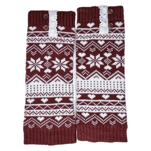 Fair Isle Leg Warmers w Hearts Brown White Nordic Retro Lagenlook Skater Twee - Picture 1 of 5
