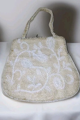 Elegant MidCentury Handmade Sharonee 3D SeedBead White Over Ivory Floral Design  - Image 1 of 4