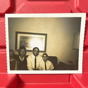 Family Sitting On A Couch For Photo 4 1/8 x 3 1/8 Photograph Vintage 1960s - Picture 1 of 2