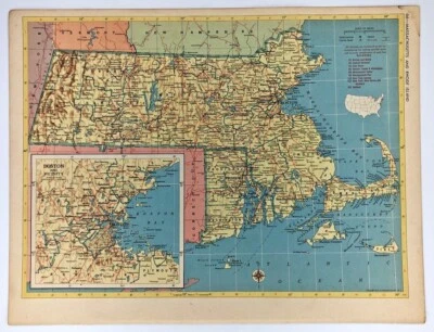 1952 Antique MASSACHUSETTS Atlas Map - Vintage Hammond's New Supreme World Atlas - Image 1 of 4