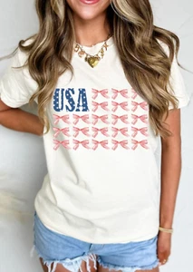 Damen T-Shirt USA Flagge Schleife Knoten Print Rundhals weiß Oberteil Tee - Bild 1 von 4