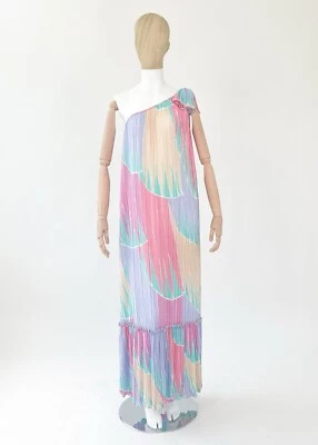 MARY McFADDEN Vintage 80s Pleated Satin Maxi Dress Bold Pastels One Shoulder M - Image 1 of 4