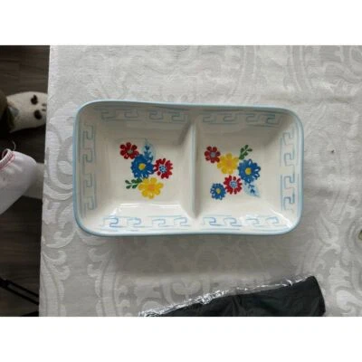 Tag Ceramic Divided Serving Dish Floral Pattern Greek Key Border Blue White Red - Image 1 of 4