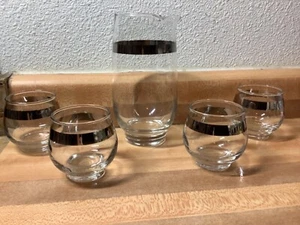 Vintage Libbey MCM Pitcher & Matching Glasses w/ Silver Band - Picture 1 of 9
