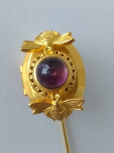 Natasha Stambouli Gold Tone Stick Pin Brooch - Locket Amethyst Cabochon w/ Bees - Picture 1 of 11