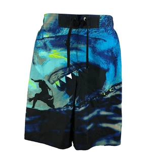 Boys Black/Blue Neon Shark Swim Trunks Board Shorts 7 - Picture 1 of 12