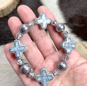 Beaded Cross Bracelet Ceramic Faith Religious Hope SILVER Bracelet for Woman 