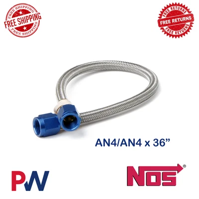 NOS 4AN 3-foot Blue Stainless Steel Braided Hose w/AN Fittings & Step-Ups - Image 1 of 2