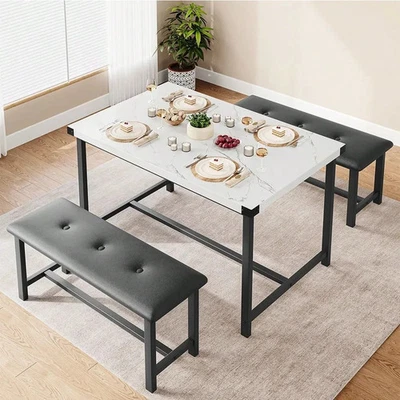 Juego de mesa de comedor de 3 piezas para 4 mesas de cocina con 2 bancos tapizados para el hogar Foto 1 de 4