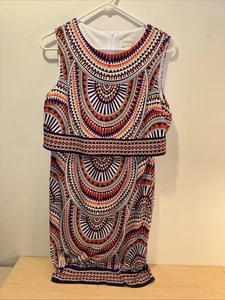 Chicos 0 Medium Dress Sleeveless Stretch Tribal Layered Disc Popover Knee Length - Picture 1 of 7