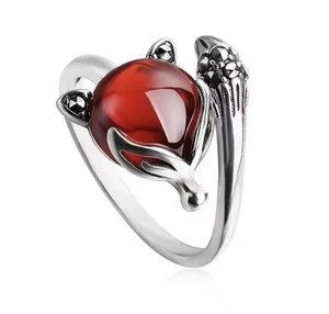 925 Sterling Silver Red Fox Crystal Ring For Women Wedding Luxury Adjustable - Picture 1 of 6
