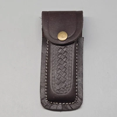 Funda para cuchillo plegable de bolsillo de 4" con estuche de cinturón de cuero impreso marrón a presión Foto 1 de 4