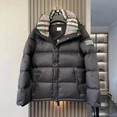 博柏利黑色 Puffer 夹克可拆卸格子连帽冬季外套,XL — 第 1/4 张图片