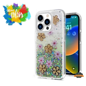 For Apple iPhone 11 Floral Design Glitter Shiny Hybrid Rubber Hard Case Cover - Picture 1 of 13