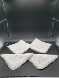 Set Of 4 ~ Vintage 11" X 11" Handkerchiefs W/ Lace Border & Embroidered Corner - Imagen 1 de 14