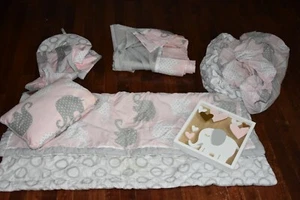 Elephant 6 Piece Nursery Crib Bedding Set, Pale Pink & Grey, Gently Used - Picture 1 of 3