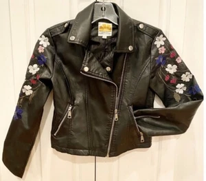 Teen Misses S-14 Embroidered Faux Leather Full Metal Zip Jacket VGC - Picture 1 of 12