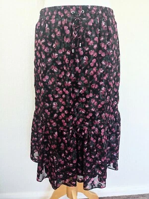 Ralph Lauren Negro Rosa Floral Brillante Trompeta Midi Falda Ocasión Pequeña Reino Unido 8/10 Foto 1 de 4