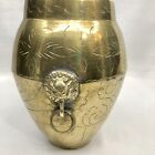 Vtg Brass Engraved Vase w/ Double Dragon Head Handle 7.5”H Hollywood Mid Century
