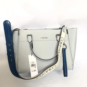 Calvin Klein Woman Genuine Leather Crossbody Bag Gray/Blue Shoulder Straps Logo - Picture 1 of 9