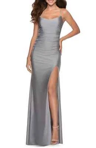 Women's La Femme Tie Back Satin Gown, Size 4 - Grey - Picture 1 of 2