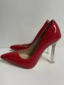 Azalea Wang 7.5 Apple Red Pumps 4.25” Stiletto Clear Heels Patent Leather New - Picture 1 of 9